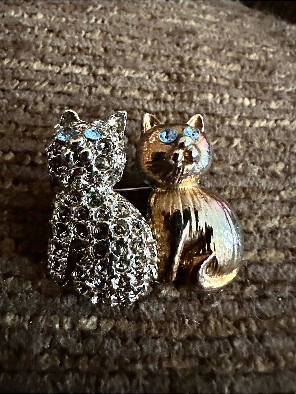 Rhinestone Silver and Gold Cat Brooch